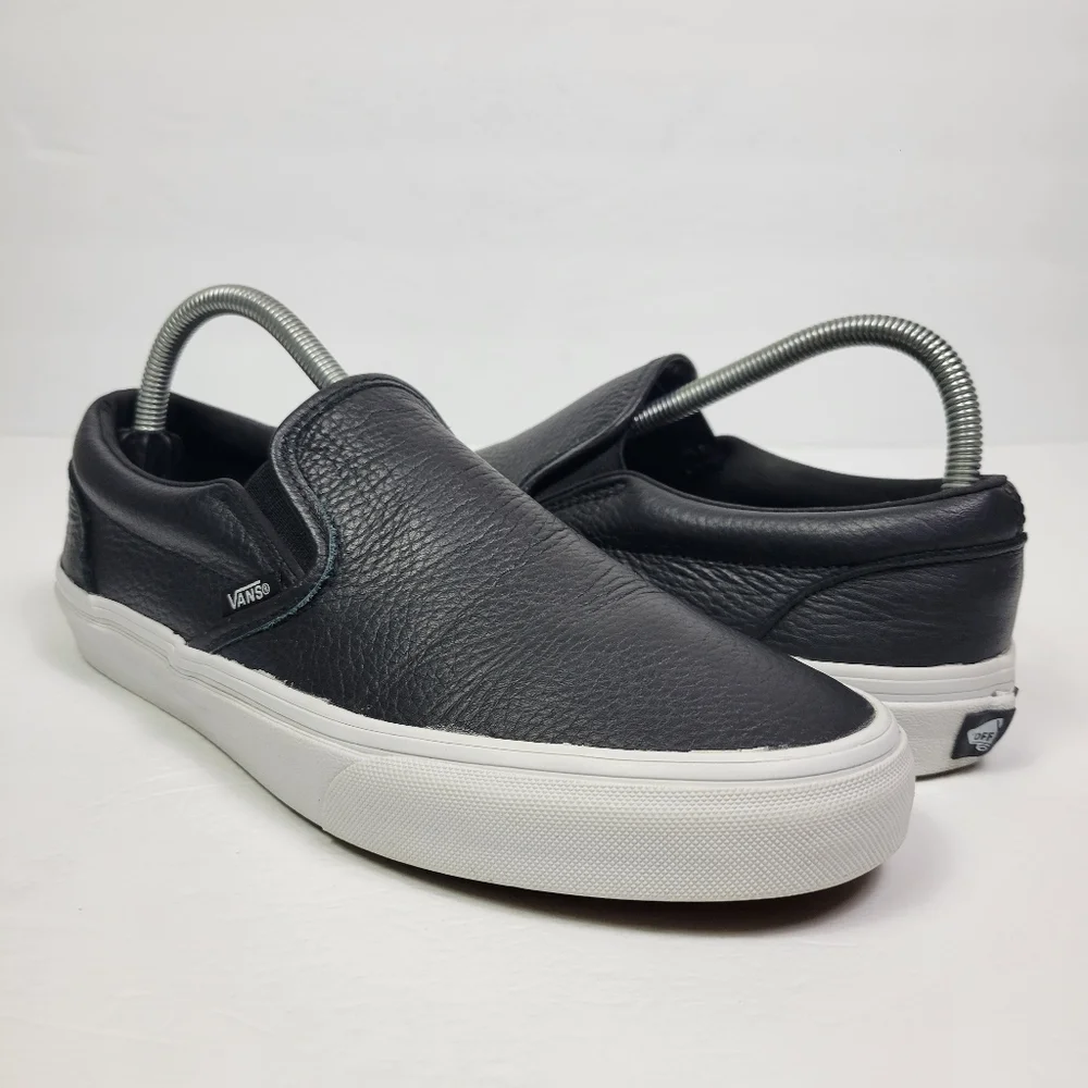 Vans Black Leather Slip-On Sneakers with White Sole